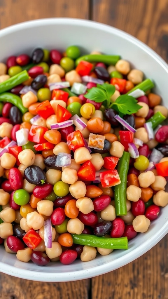 A colorful three bean salad with kidney beans, chickpeas, green beans, red bell pepper, and red onion in a bowl, garnished with parsley.